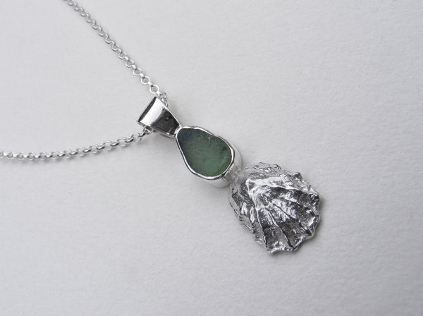 Mid Green St Martin's sea glass and Crackington Haven mini limpet pendant