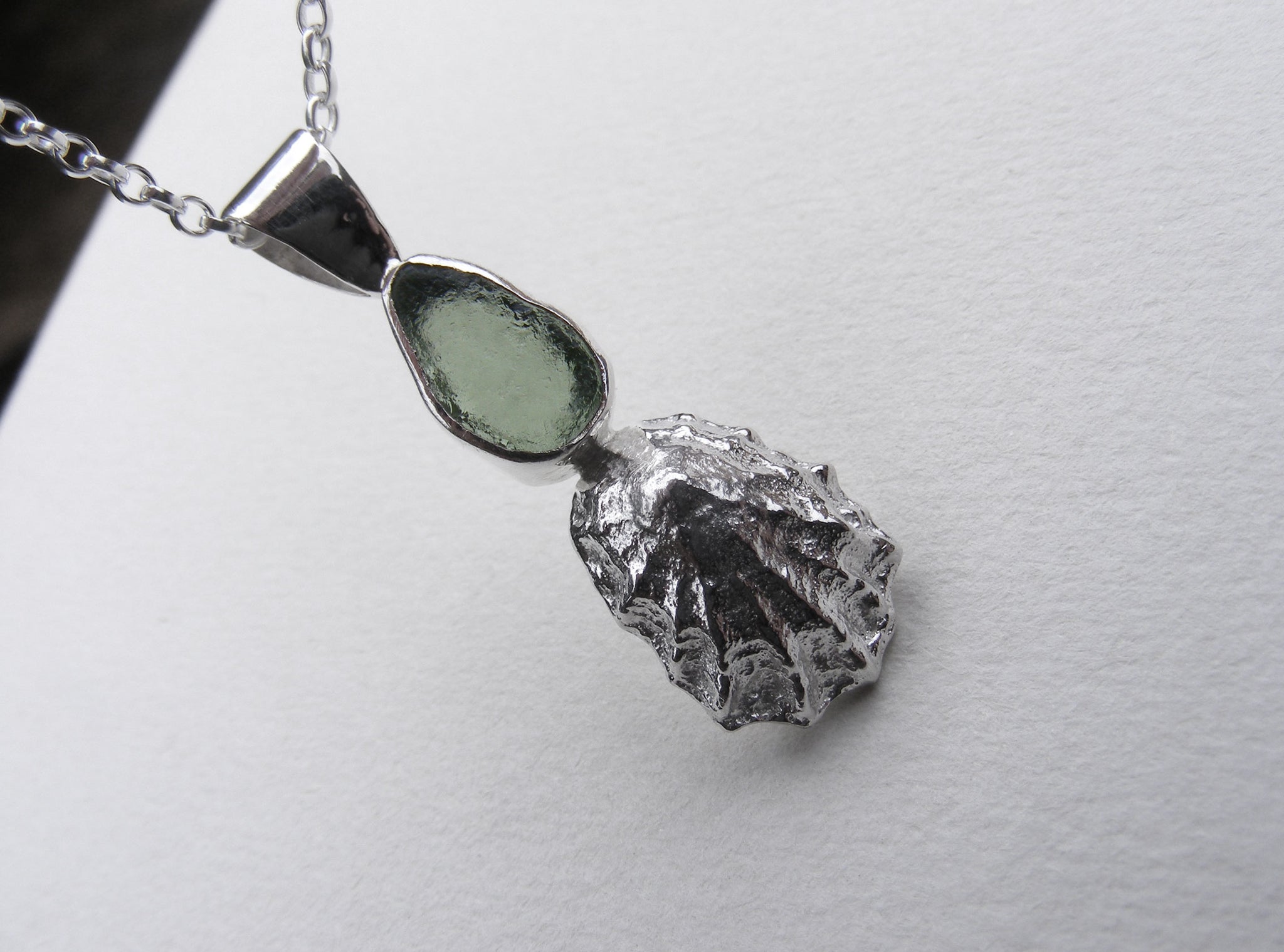Mid Green St Martin's sea glass and Crackington Haven mini limpet pendant