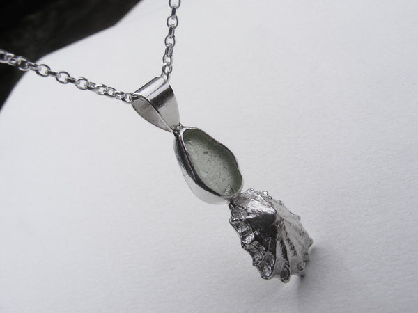Light Green St Martin's sea glass and Crackington Haven mini limpet pendant
