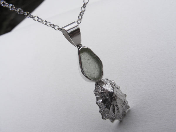 Light Green St Martin's sea glass and Crackington Haven mini limpet pendant