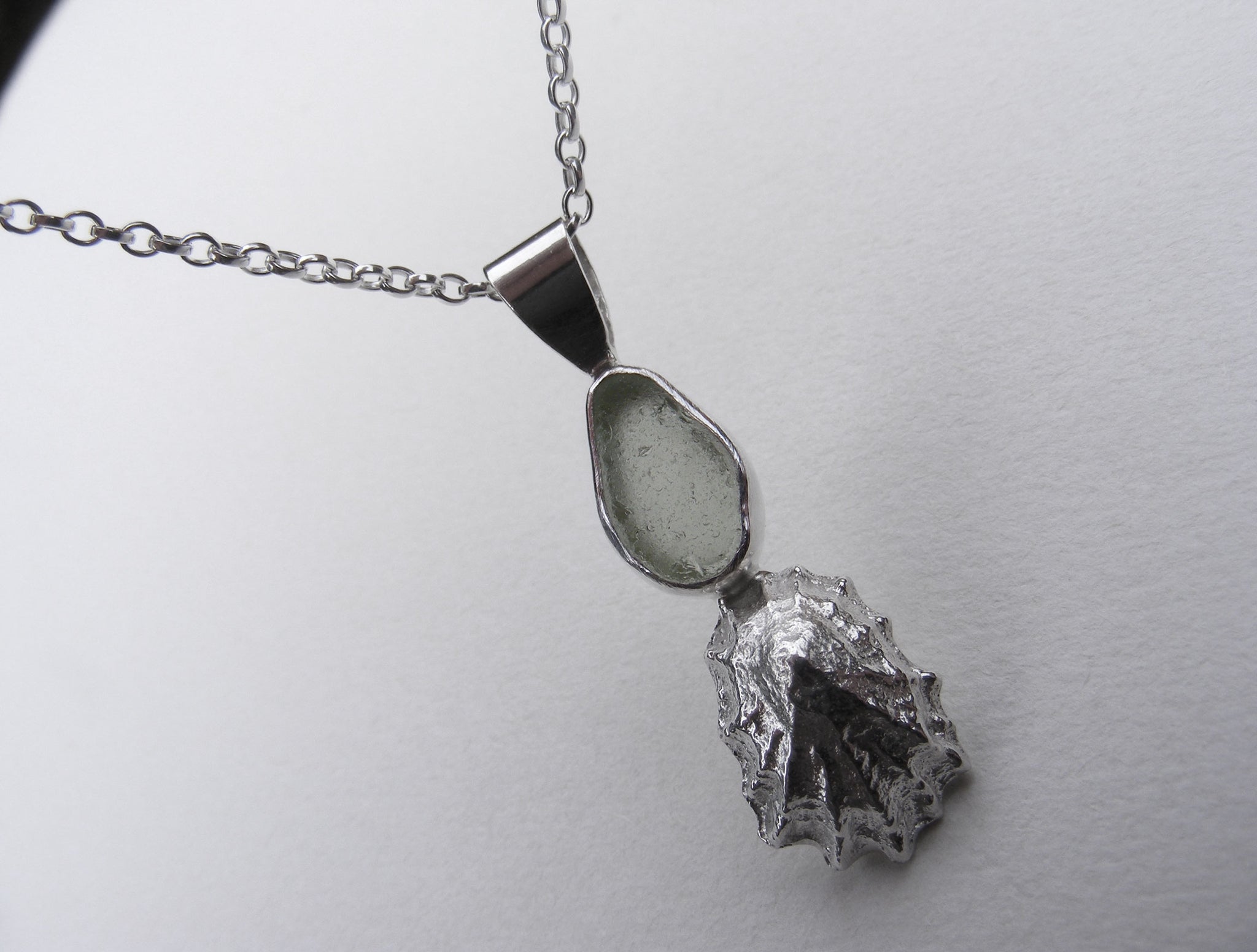 Light Green St Martin's sea glass and Crackington Haven mini limpet pendant