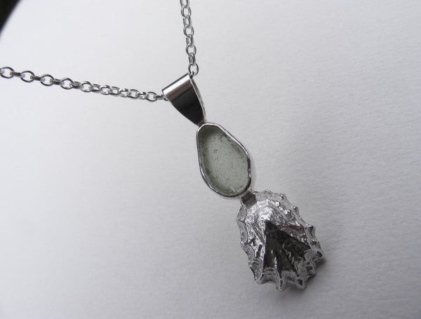 Light Green St Martin's sea glass and Crackington Haven mini limpet pendant