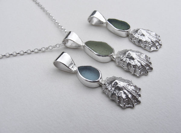 Mid Green St Martin's sea glass and Crackington Haven mini limpet pendant