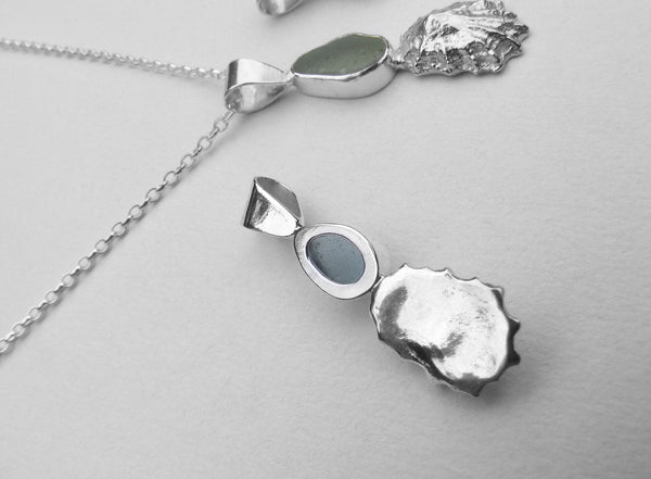 Light Blue St Martin's sea glass and Crackington Haven mini limpet pendant