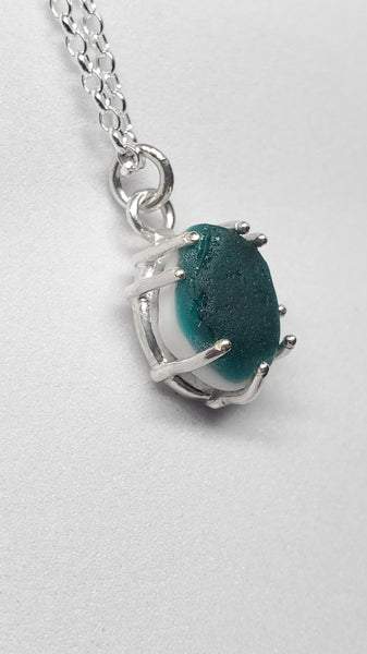 Teal and milk glass claw set sea glass pendant with 18 inch belcher chain