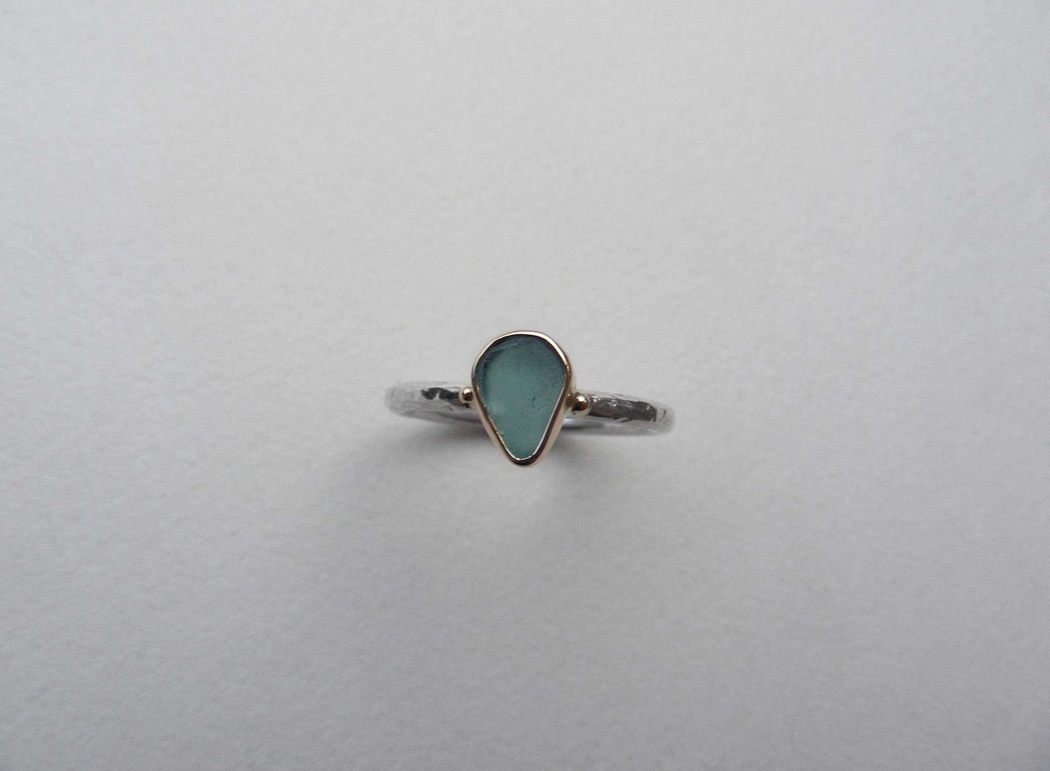 Teal green, pear shaped sea glass treasure ring SIZE L