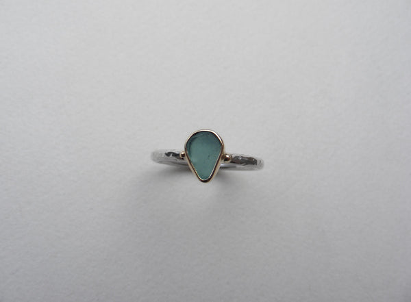 Teal green, pear shaped sea glass treasure ring SIZE L