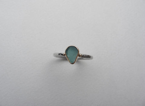 Teal green, pear shaped sea glass treasure ring SIZE L