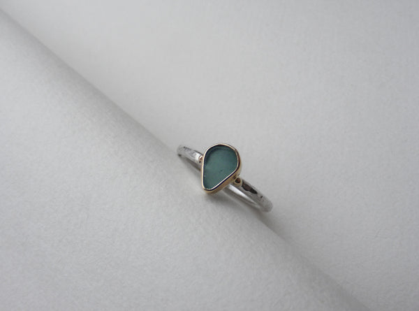 Teal green, pear shaped sea glass treasure ring SIZE L