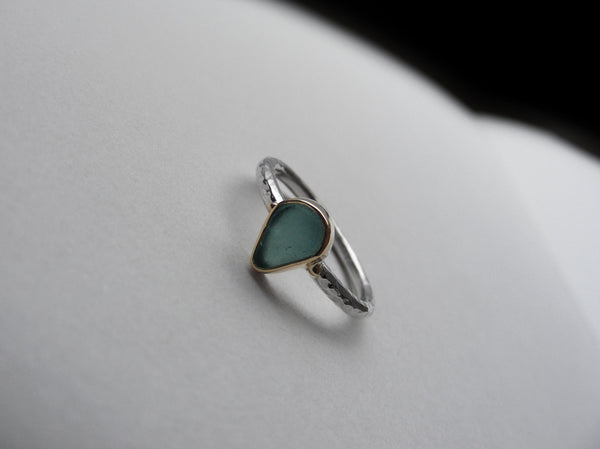 Teal green, pear shaped sea glass treasure ring SIZE L
