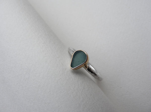 Teal green, pear shaped sea glass treasure ring SIZE L