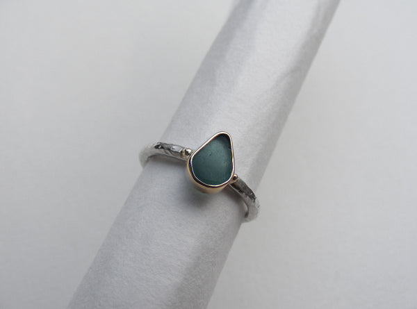 Teal green, pear shaped sea glass treasure ring SIZE L