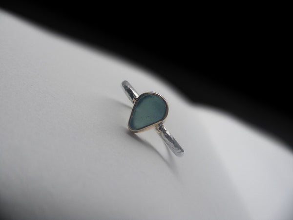 Teal green, pear shaped sea glass treasure ring SIZE L