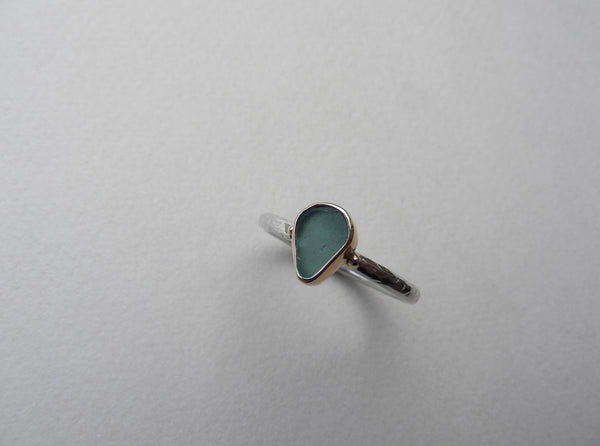 Teal green, pear shaped sea glass treasure ring SIZE L