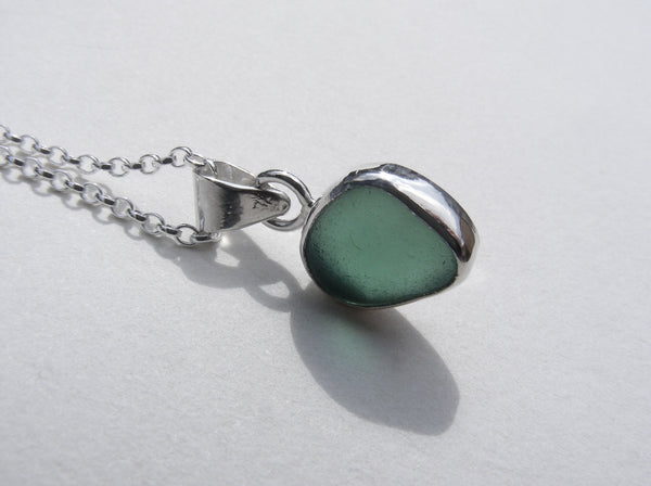 Turquoise Blue sea glass pendant with 16" silver Belcher chain