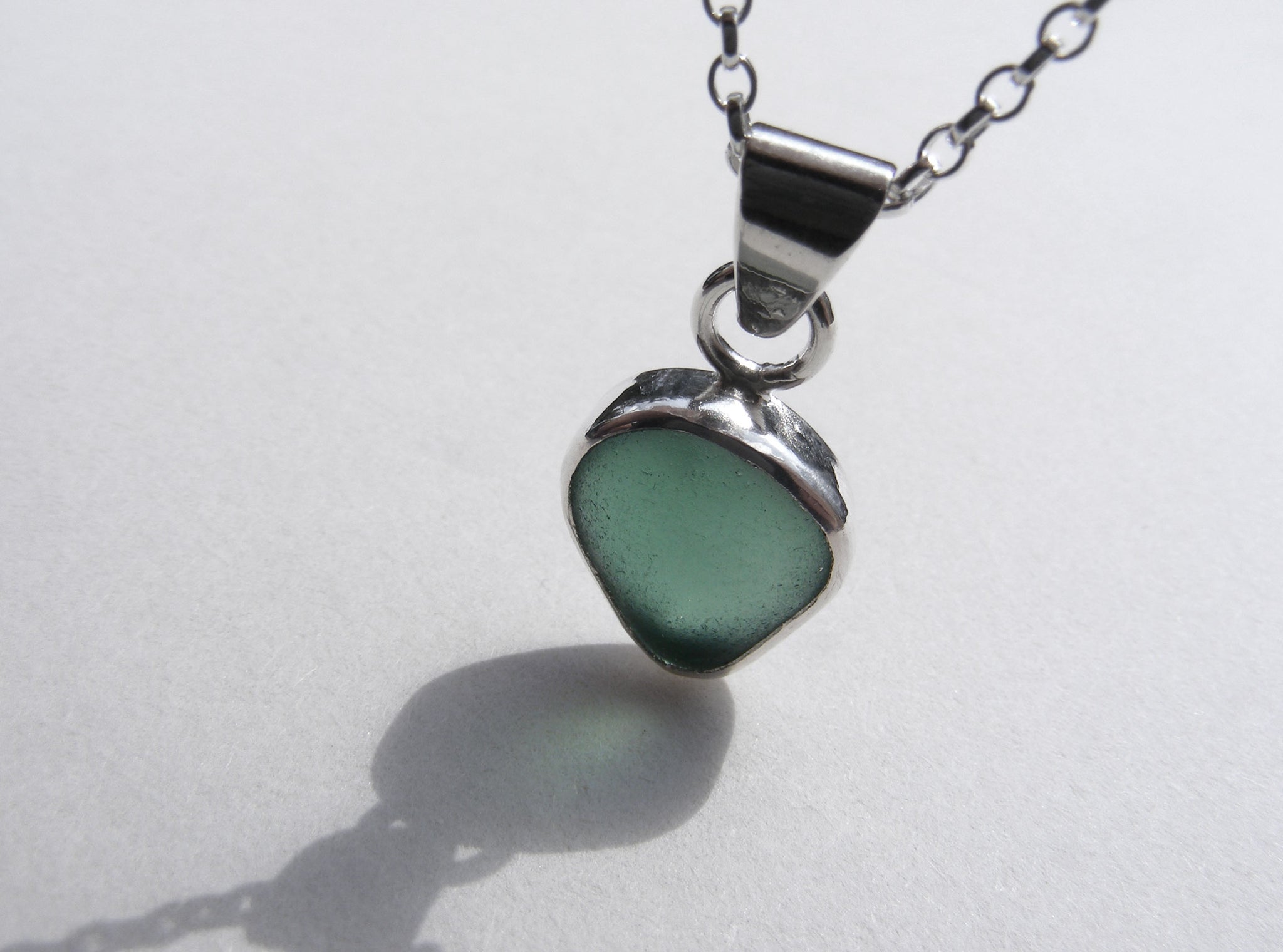 Turquoise Blue sea glass pendant with 16" silver Belcher chain