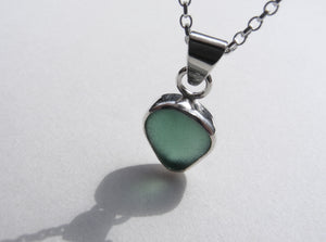 Turquoise Blue sea glass pendant with 16" silver Belcher chain
