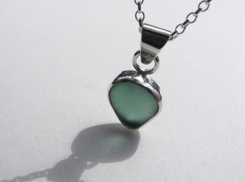 Turquoise Blue sea glass pendant with 16" silver Belcher chain