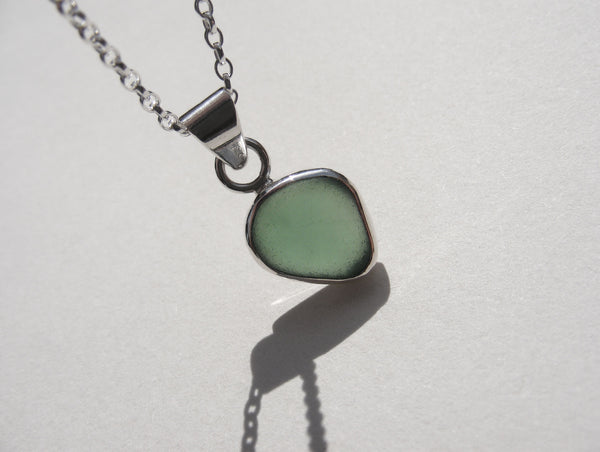 Turquoise Blue sea glass pendant with 16" silver Belcher chain
