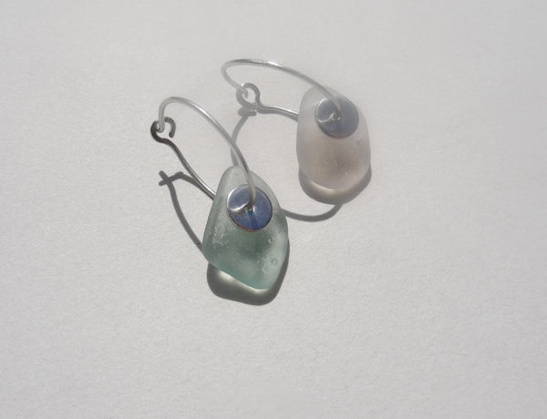 Sea Foam Blue and Crystal Clear drilled sea glass earring hoops