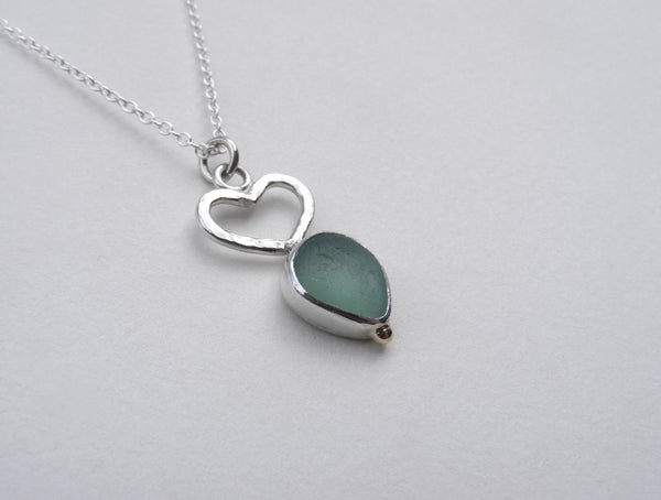 Sea Foam blue Bezel set sea glass pendant with hand made silver heart