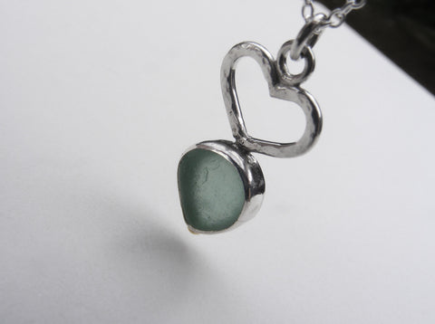 Sea Foam blue Bezel set sea glass pendant with hand made silver heart