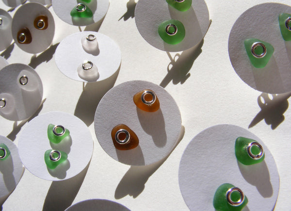 Sea glass silver bubble stud earrings in GREEN