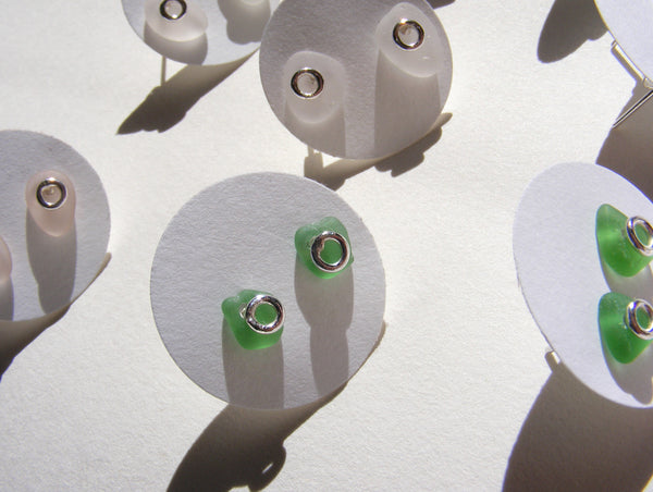 Sea glass silver bubble stud earrings in SEA FOAM