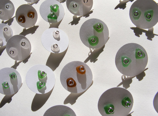 Sea glass silver bubble stud earrings in GREEN