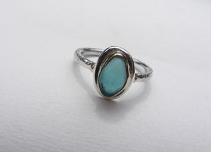 Teal sea glass 9ct gold with a silver hammered band