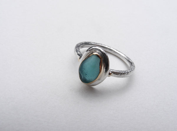 Teal sea glass 9ct gold with a silver hammered band