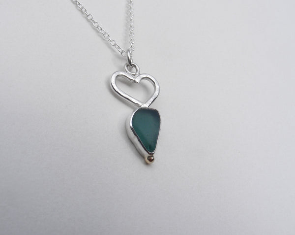 Turquoise Sea Foam blue Bezel set sea glass pendant with hand made silver heart