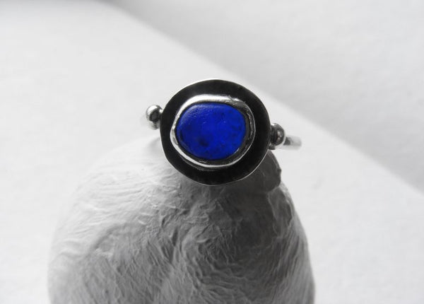 Bristol Blue Sea Glass Ring With Hammered Texture