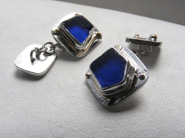 The ST MARTINS CAMPSITE Collection - Bristol Blue square sea glass cufflinks