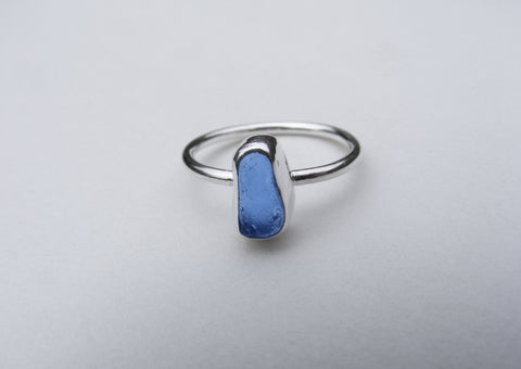 Cornflower blue sea glass ring