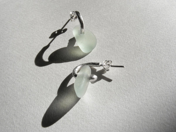 Round seaglass hand forged silver hoops