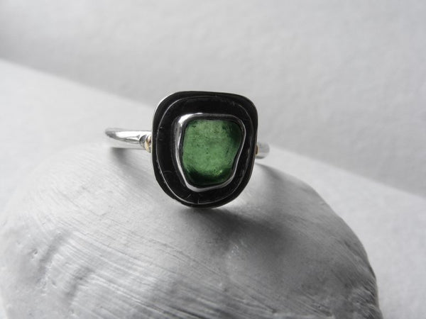 Forest Green Sea Glass Ring With Hammered Texture Layers