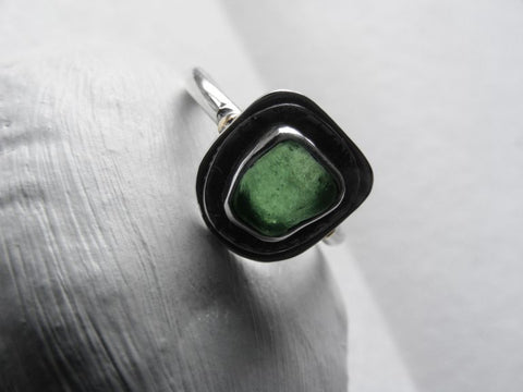 Forest Green Sea Glass Ring With Hammered Texture Layers