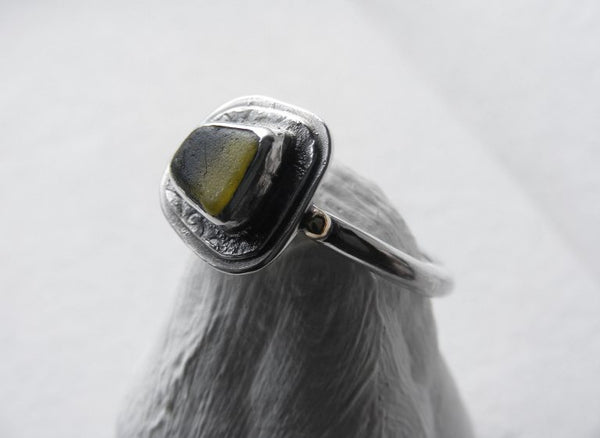 Lime Green Sea Glass Ring With Hammered Textured Layers