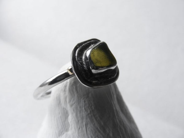 Lime Green Sea Glass Ring With Hammered Textured Layers