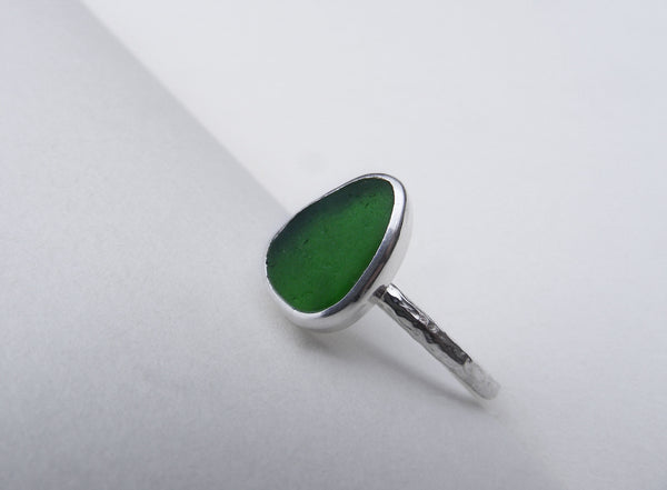 Sprite Green sea glass leaf ring Size R