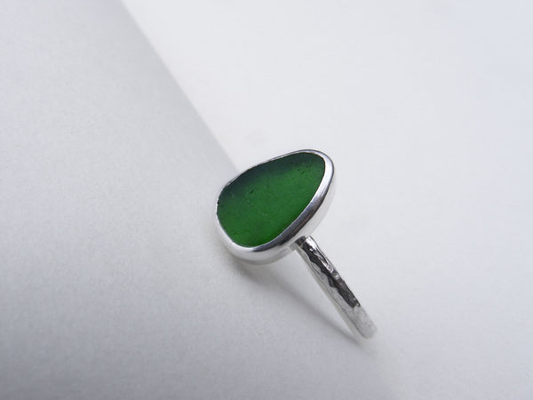 Sprite Green sea glass leaf ring Size R