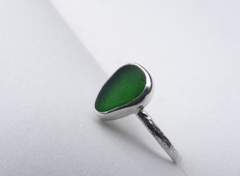 Sprite Green sea glass leaf ring Size R