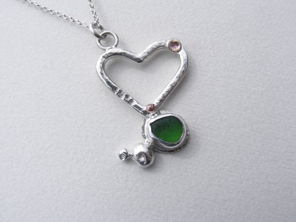 Sprite green sea glass and silver heart