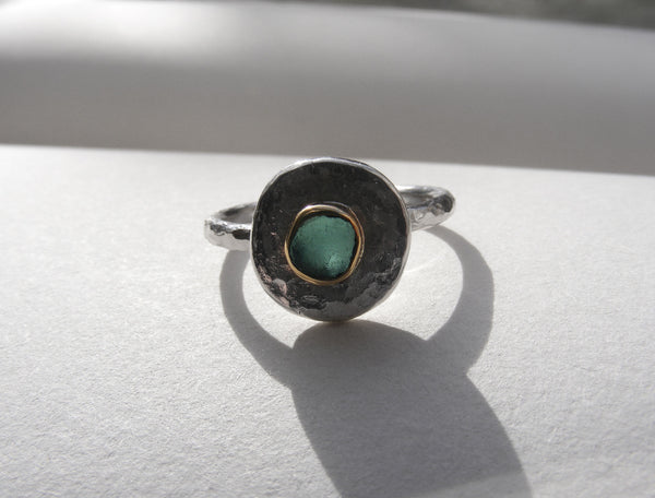 Teal sea glass ring bezel set in recycled 9ct gold