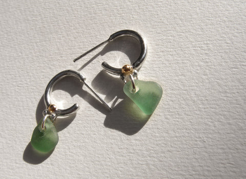 Turquoise green drilled sea glass 9ct gold nugget silver hoop earrings