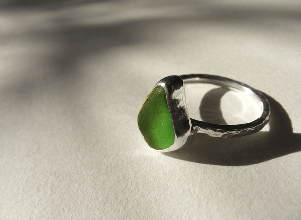 Sprite Leaf Green Sea glass ring bezel set in silver