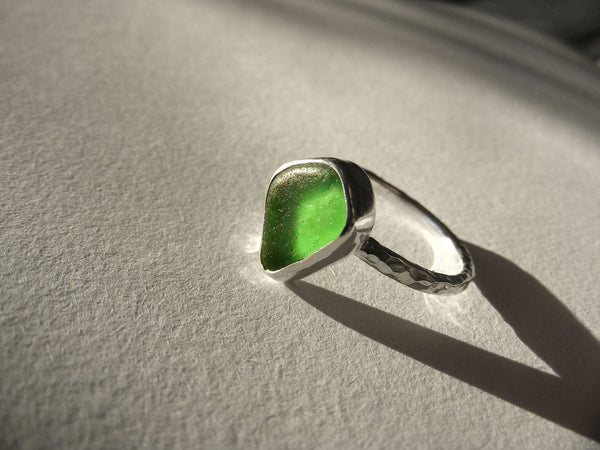 Sprite Leaf Green Sea glass ring bezel set in silver