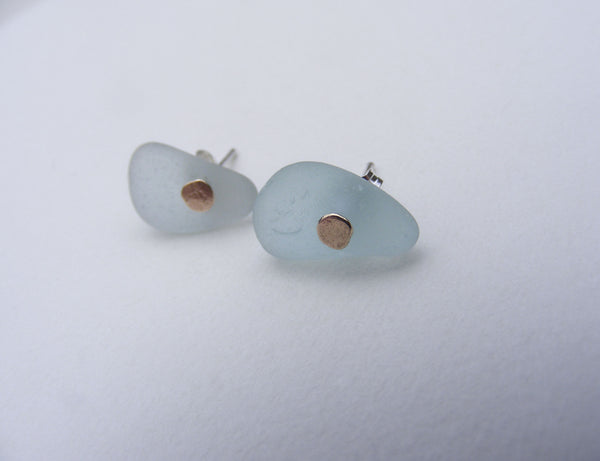 Sea Foam Tear drop sea glass 9ct gold pebble stud earrings