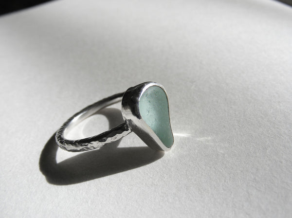 Seafoam tear drop silver ring Size M